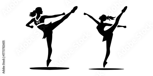 Ballet Dancers Silhouette Kicking High in the Air.