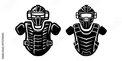 Baseball catchers gear illustration protective equipment sports design black and white.