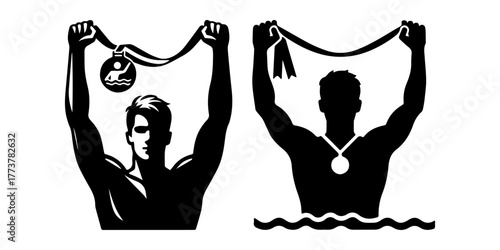 Swimming Champions Celebrating Victory with Medals and Ribbons.