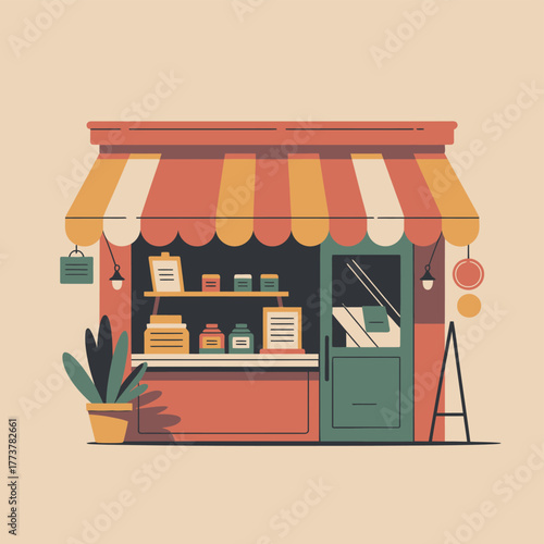 A charming small shop with an awning and products displayed inside.