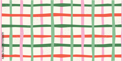 Seamless plaid pattern in a colorful hand-drawn style, a geometric checkered background for textile, wrapping paper, or cute fabric design, vector illustration.