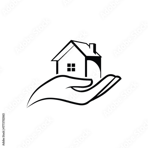 White outline of a hand holding a house