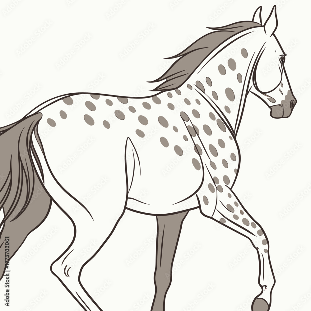 Obraz premium Stylized illustration of a spotted appaloosa horse in motion with a flowing mane and tail against a white background