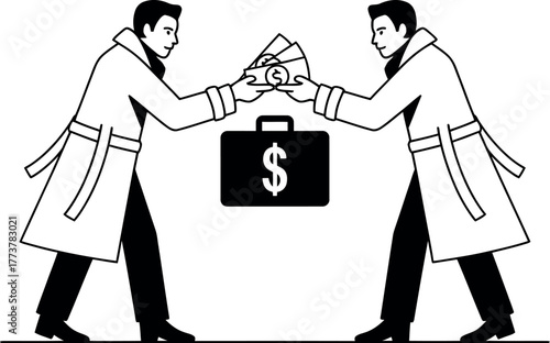 Two figures in long coats exchange money over a briefcase with a dollar sign.