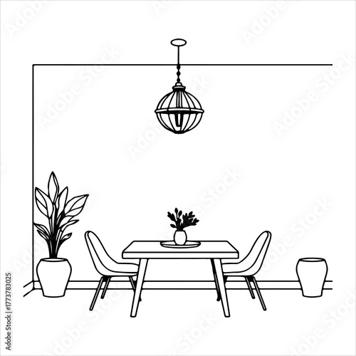 Scandinavian Interior Illustrated in Vector Style, This Stylish Dining Room Illustration Vector is Perfect for Digital Minimalist Home Décor Promotions in Flat Design for Gatherings.