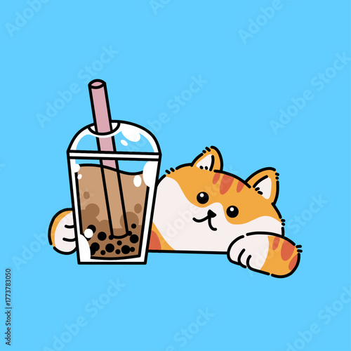 Cute cartoon cat enjoying bubble tea in a flat colorful style, perfect for stickers, social media, and kawaii designs.