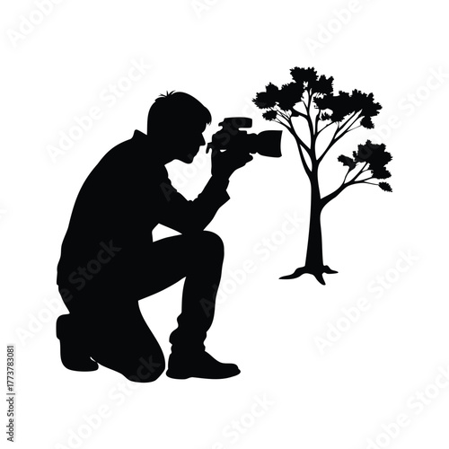Silhouette of a photographer taking a picture of a tree outdoors, photographer taking picture silhouette vector illustration