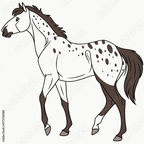 Stylized cartoon illustration of a spotted appaloosa horse with dark brown mane and tail walking gracefully
