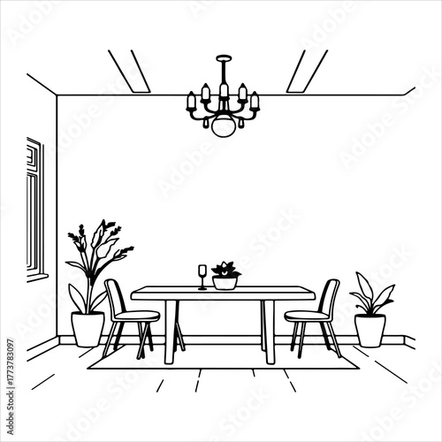 Art & Illustration Clean Flat Design Dining Room Illustration Vector Scene, An Aesthetic Interior Representing Minimalist Home Décor and Family Meals in a Scandinavian Digital Style.