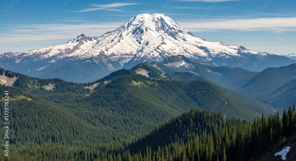 Obraz premium Majestic snow-capped mount rainier overlooking verdant forested landscape