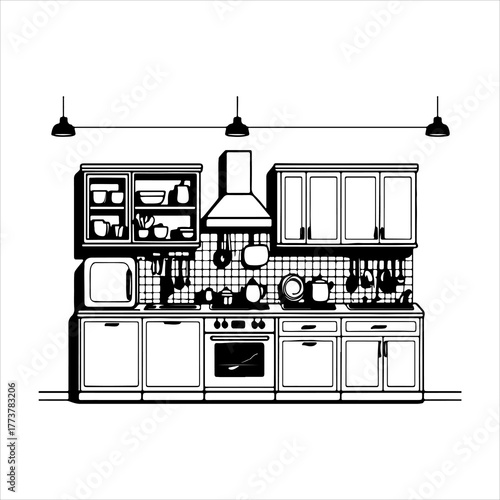 Minimalist Flat Design Kitchen Room Illustration Vector Art, A Vibrant Graphic Representing Interior Design, Modern Home Décor, and Functional Cooking Space for Digital Use.