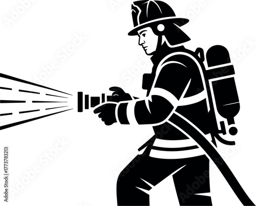 Firefighter bravely sprays water from a hose to combat a blaze.