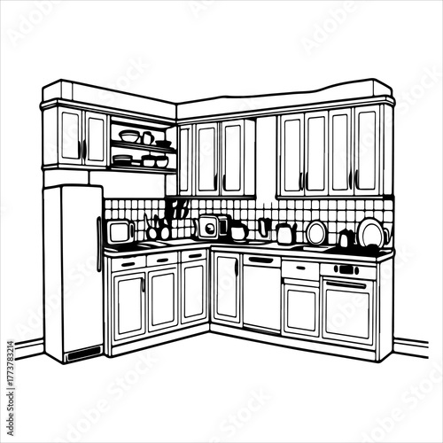 Scandinavian Interior Illustrated in Vector Style, This Modern Kitchen Room Illustration Vector is Perfect for Digital Minimalist Home Décor Promotions in Flat Design for Culinary Themes.
