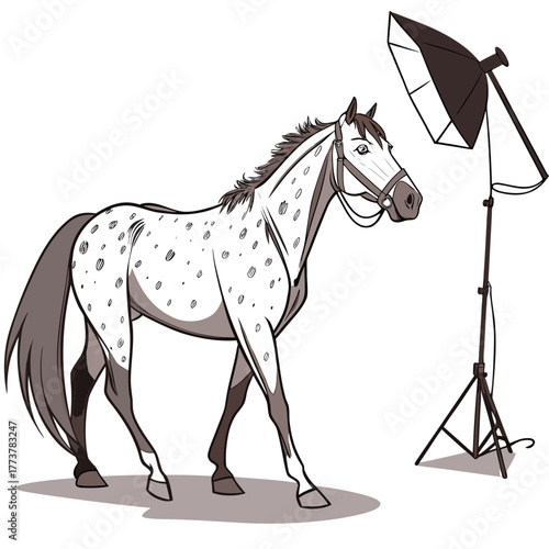 A dappled horse with a halter stands next to a photography studio lighting setup against a white background