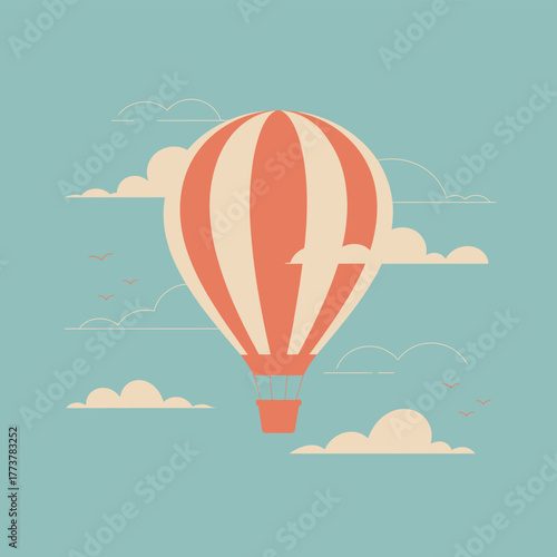 A vintage hot air balloon floats gracefully through a sky with fluffy clouds.