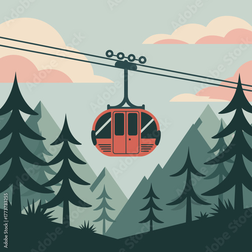A cable car transports passengers through a mountainous landscape with evergreen trees.