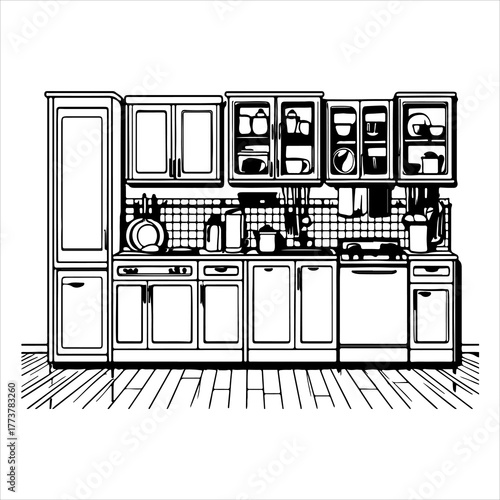 A Modern Minimalist Kitchen Room Illustration Vector Graphic, Showcasing Scandinavian Interior Design and Functional Home Décor in a Flat Design Digital Style for Culinary Creativity.