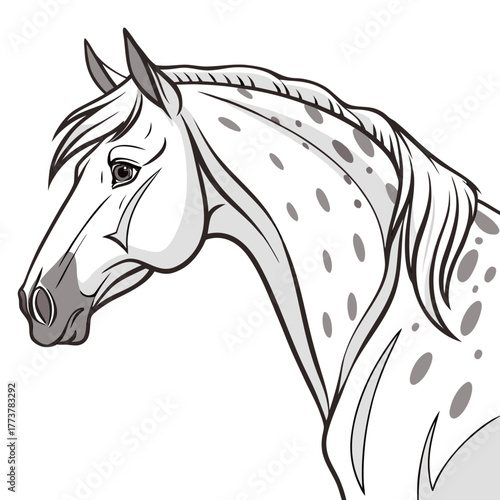 Stylized illustration of a spotted horse head and neck in profile view with a flowing mane