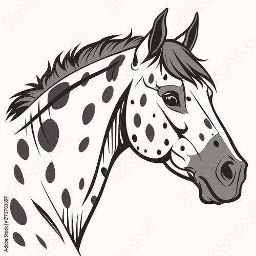 Stylized black and white illustration of a spotted horse head with a flowing mane and detailed facial features