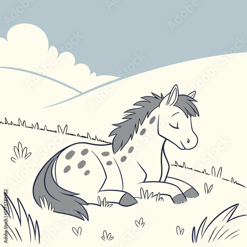 Cute cartoon horse with spots resting peacefully in a grassy field under a cloudy sky