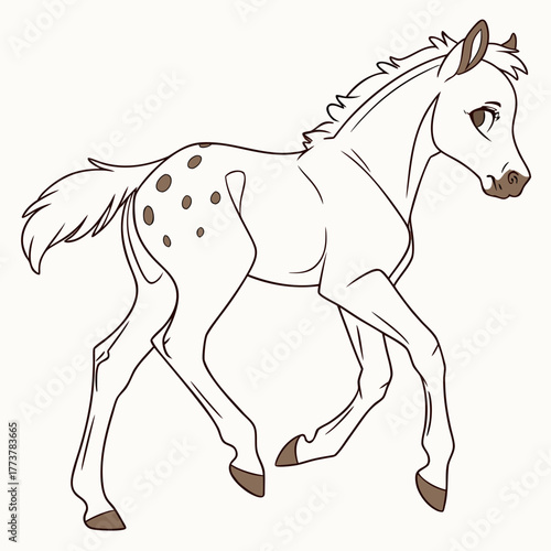 Cute cartoon outline of a spotted foal with a flowing mane and tail walking gracefully