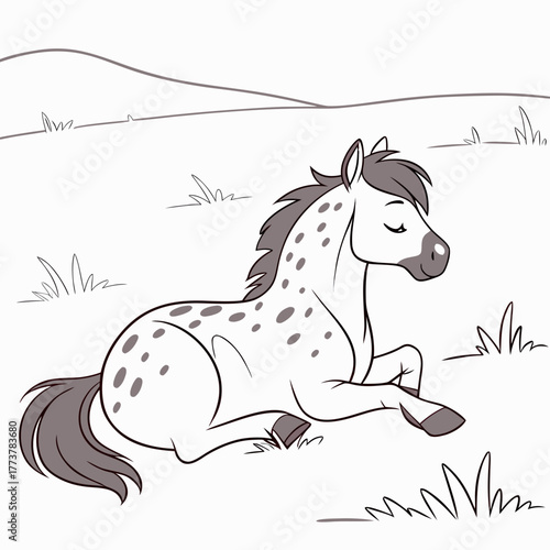 Cute cartoon spotted horse resting peacefully in a grassy field with its eyes closed