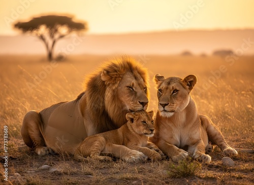 A lion family resting together in the golden savannah