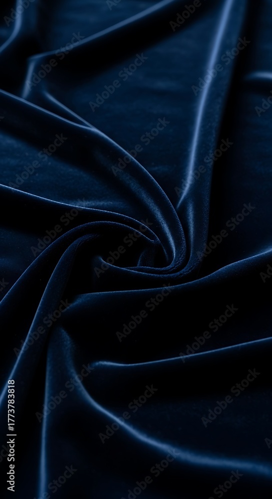 Fototapeta premium Elegant swirls of soft dark navy velvet fabric creating a beautiful and luxurious Blue Background for creative projects