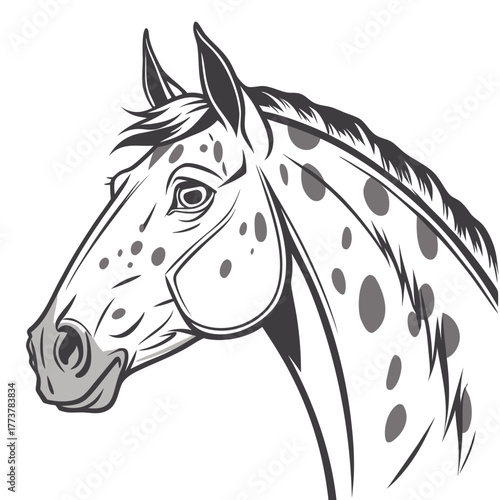 Stylized black and white illustration of an appaloosa horse head with distinctive spots and flowing mane