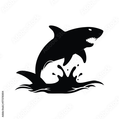 Great white shark jumping out of water monochrome silhouette vector illustration, shark breaching water silhouette vector illustration