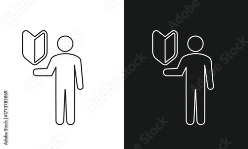 Japanese Beginner Driver Icon with Person Holding Shoshinsha (Wakaba) Mark - Line Art Symbol for New Learners and Novices.