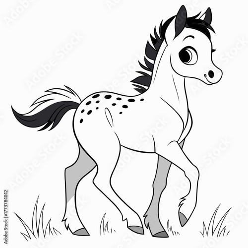 Cute cartoon foal with black mane and tail spotted body and playful expression standing in grass
