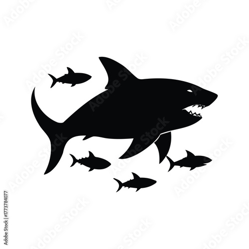 Silhouette of a menacing shark surrounded by smaller fish in black and white, shark chasing fish silhouette vector illustration