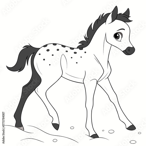 Adorable cartoon spotted foal with dark mane and tail walking in a snowy field with simple outline