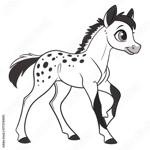 Cute cartoon spotted foal walking with a playful expression and black mane and tail