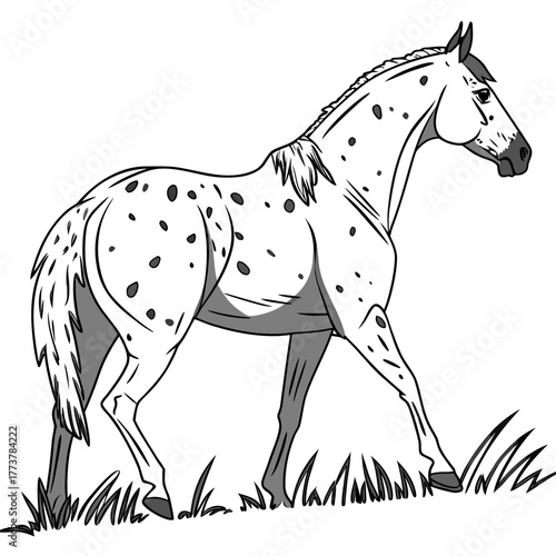 A stylized black and white illustration of a spotted horse walking through grass with a braided mane