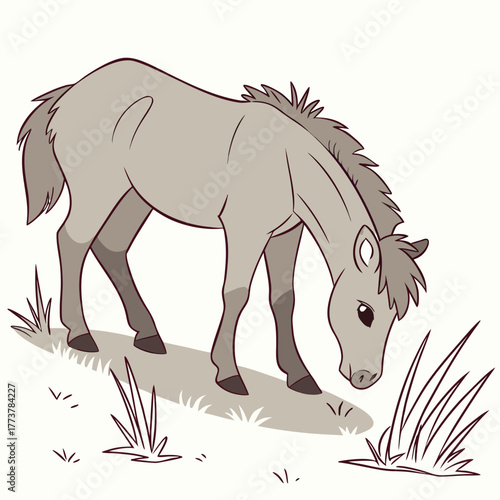 Cute cartoon horse grazing peacefully on a light colored background with simple grass illustrations