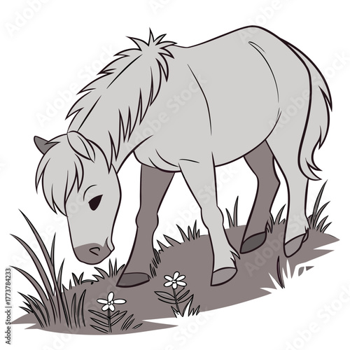 Charming cartoon illustration of a gentle gray horse grazing peacefully in a grassy meadow with small white flowers