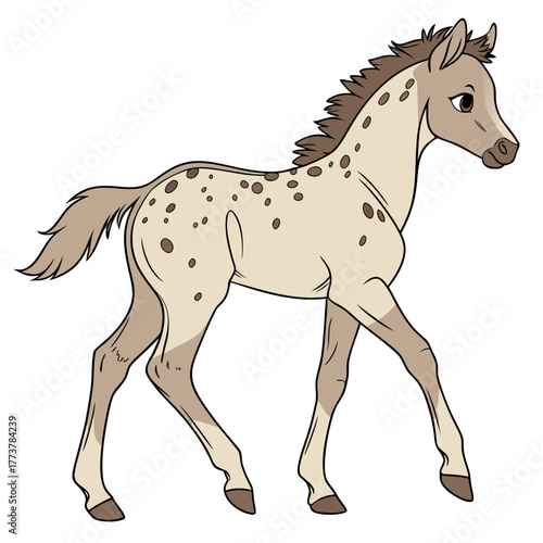 Cute cartoon appaloosa horse foal with brown spots walking gracefully in a field