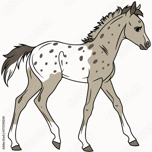 Cute cartoon appaloosa horse foal with brown spots walking gracefully on a white background