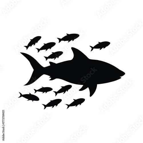Black silhouette image showing a large shark surrounded by smaller fish, shark hunting school of fish silhouette vector illustration