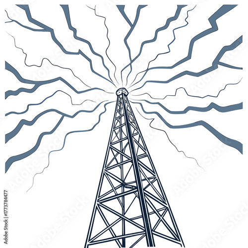 Abstract illustration of a tall transmission tower with radiating lines symbolizing signals or energy emanating outwards