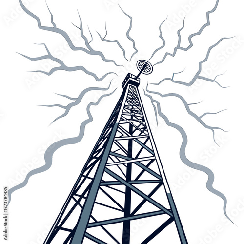 Stylized illustration of a tall radio tower broadcasting signals outwards into a cloudy sky