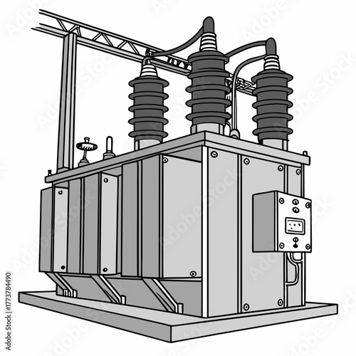 Illustration of a large electrical power transformer with three ceramic insulators on top connected to overhead lines