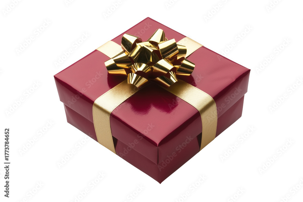 Obraz premium Red gift box with gold ribbon and bow isolated on a transparent background