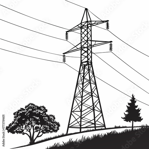 Silhouette of a tall electricity pylon with power lines stretching across a landscape with trees and grass