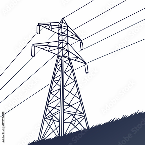 A minimalist line art drawing of a tall electricity pylon standing on a grassy hill with power lines stretching across the sky