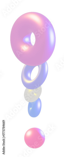 3D Holographic exclamation mark question mark Loops on Pastel Background. Glossy Glass Rings with Iridescent Light Effects	