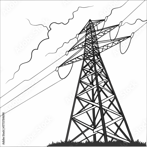 A striking low angle view of a tall electricity pylon against a cloudy sky with power lines stretching across