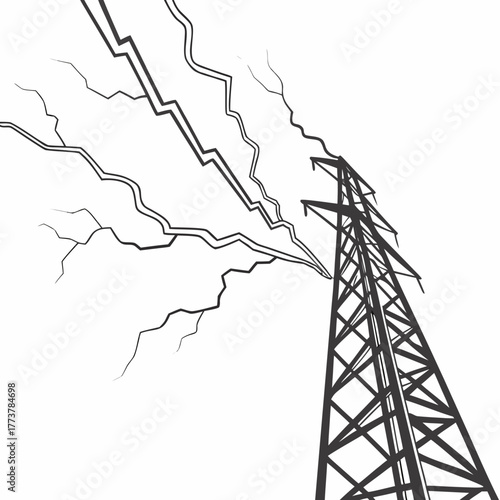 Stylized illustration of a high voltage power line tower with lightning strikes emanating from the sky